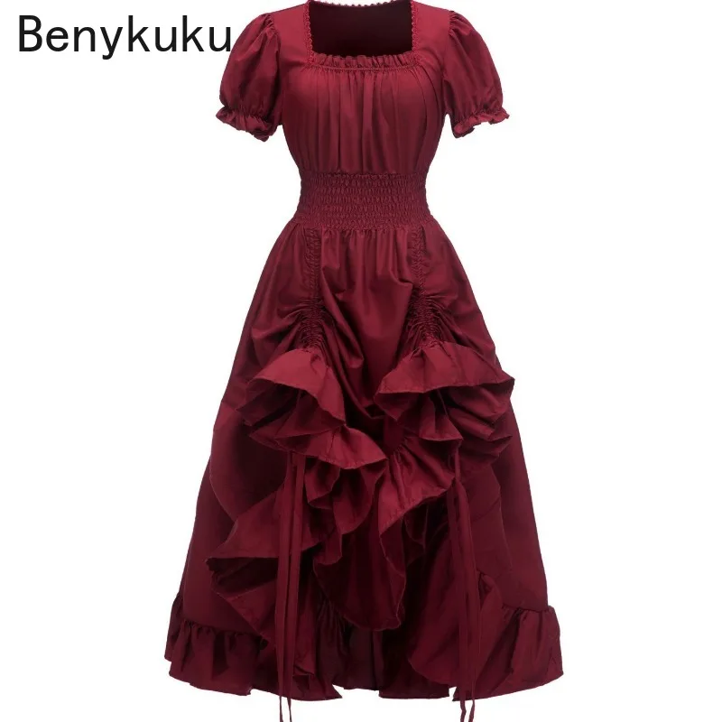 Women Retro Medieval Costume Renaissance Vintage Square Neck Short Sleeve Maxi Dress Halloween Victorian Countryside Dresses