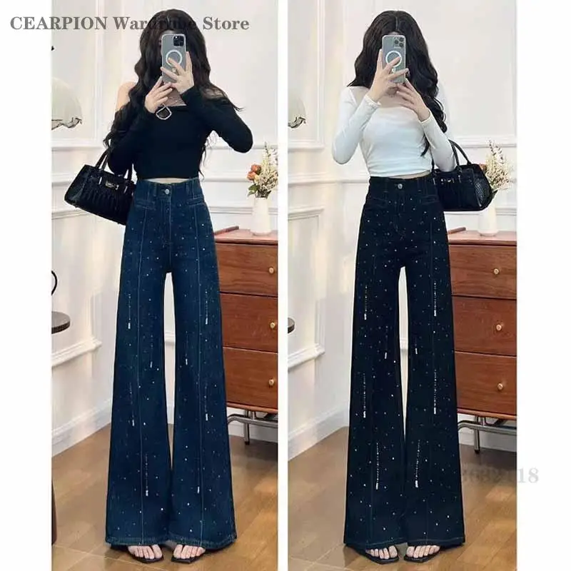 

Женские расклешенные джинсы с широкими штанинами, с дизайном «метеоритный дождь» и горячим тиснением стразами, в американском стиле, с высокой талией, эластичные, повседневные брюки