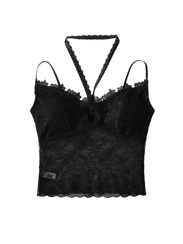 Sexy Hollow out ort Crop Top Women's Street Sle Hanging Ne Strap Vest Inner Wear Beautiful Ba Lace Trim Hanging Ne