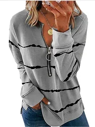 Spring and Summer Fashion Long Sleeve Round Neck Zipper Sweatshirt Women Striped Printed Loose Casual Sweatshirt Women