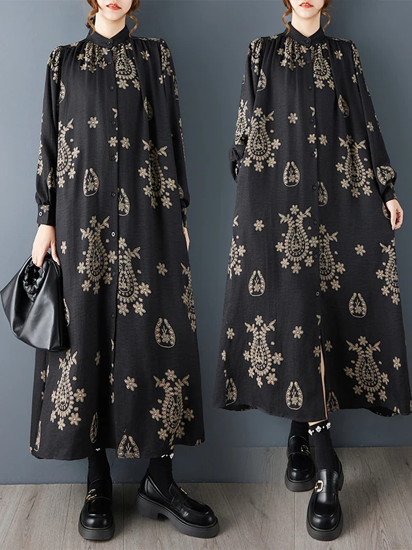 SuperAen 2025 봄과 가을 루즈핏 오버사이즈 스탠드업 칼라 패션 프린트 드레스 플리츠 패치워크 롱 엘레강트 셔츠 드레스