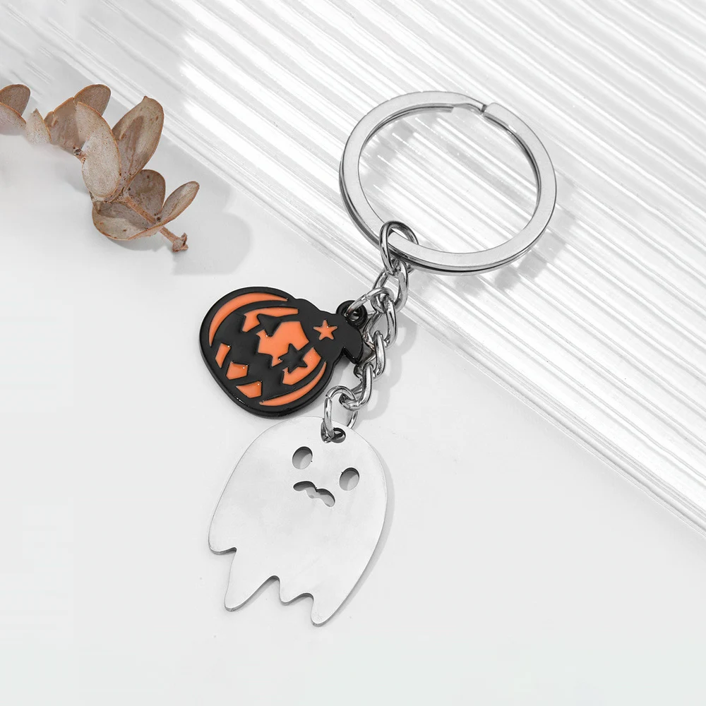 Stainless Steel Ghost Pumpkin Enamel Charm Keychain Halloween Key Ring Bag Car Charm Jewelry Couple Friends Gifts