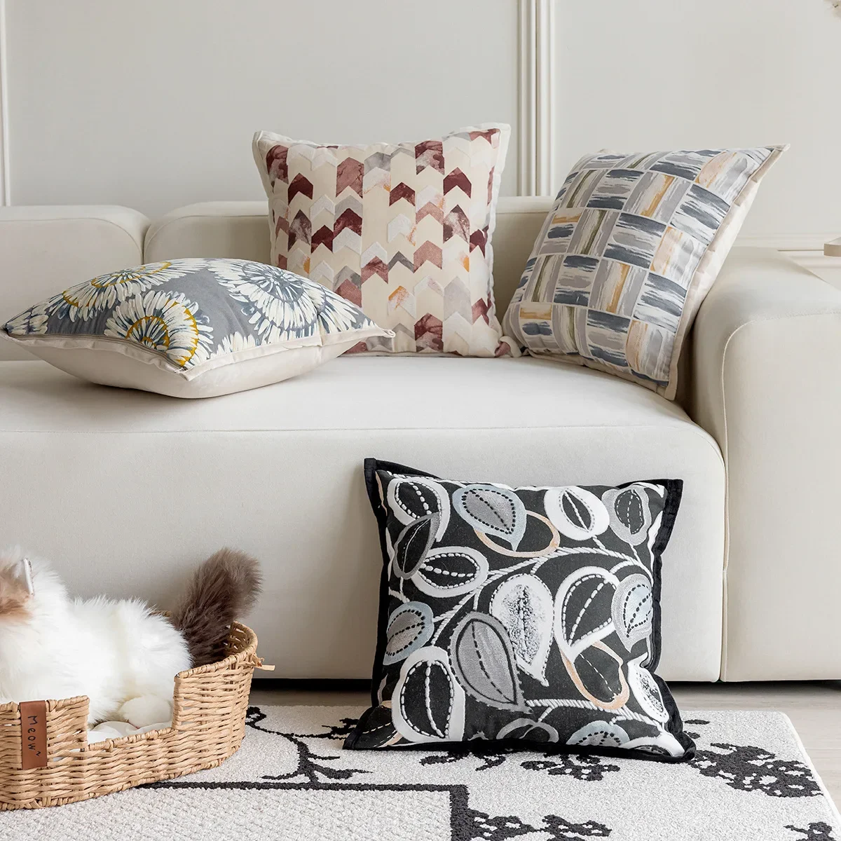 Nordic Geometric Flocked Jacquard Cushion Cover Modern Light Luxury Pillowcases Home Decor Pillow Covers Decorative Living Room