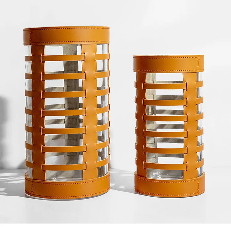 

Creative Orange Cylindrical Glass Vase with Leather Strap, Transparent Terrarium Flower Vase, Floor Standing Home Decor Ornament