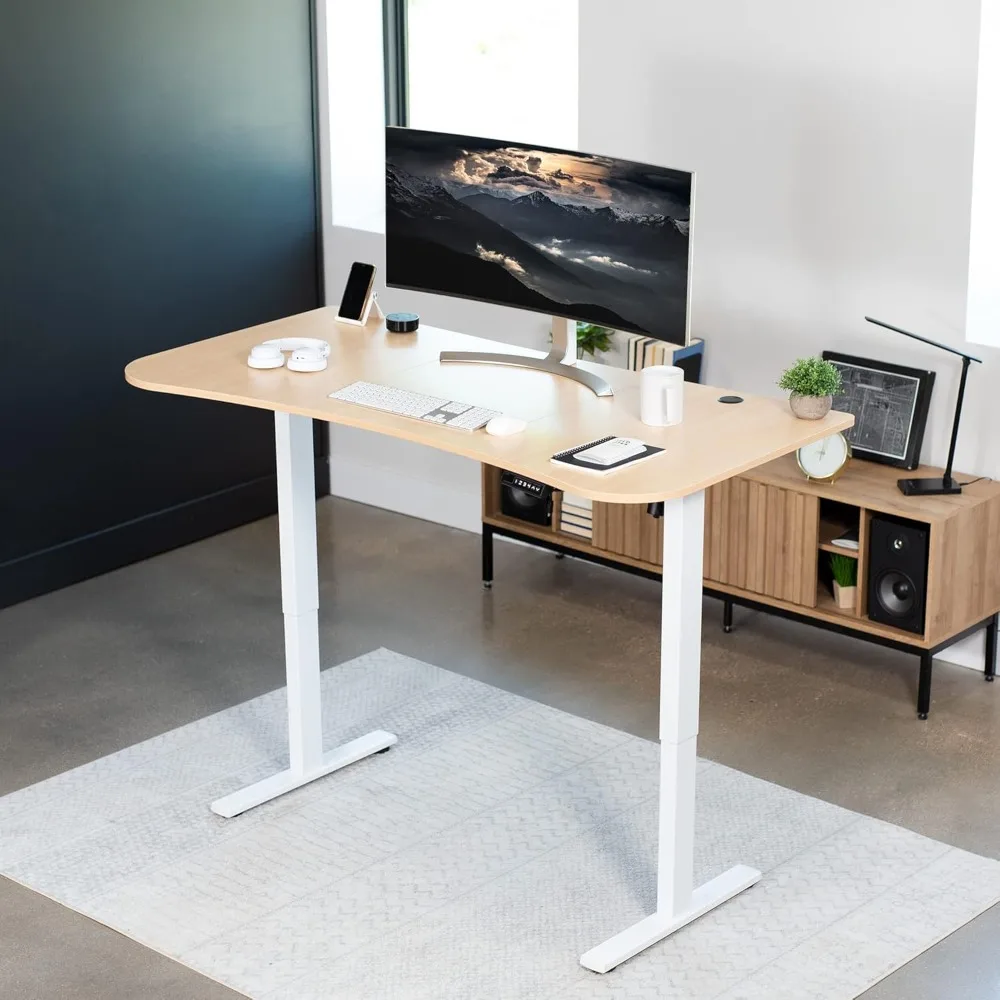 Electric Standing Desk Workstation, 63 x 32 Inches, Memory Controller Height Adjustment, 1B Series, Light Wood Top, White Frame