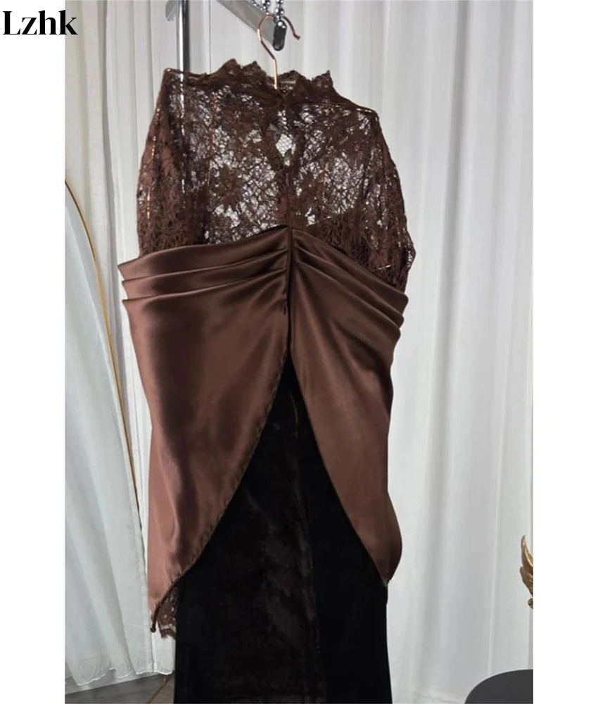 Customized Graceful Velvet Mermaid Lace Evening Dress Temperament High Collar Long Sleeves Floor Length Bespoke Occasion Gowns