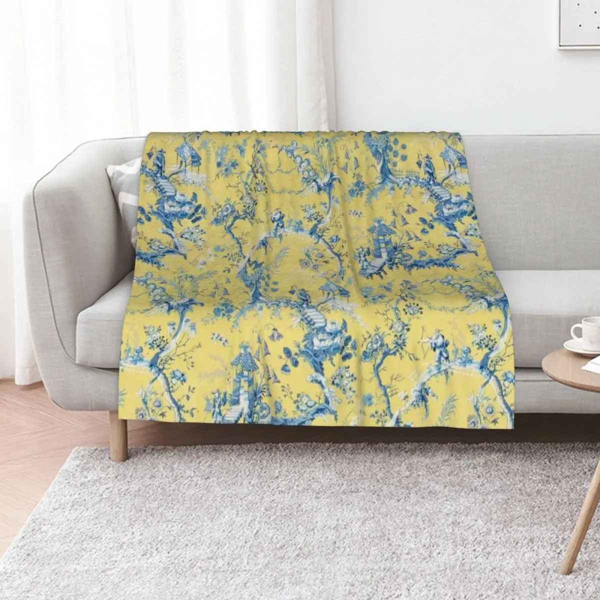 Blue and Yellow Toile Throw Blanket Multi-Purpose Heavy Plush Furrys Thins valentine gift ideas Blankets