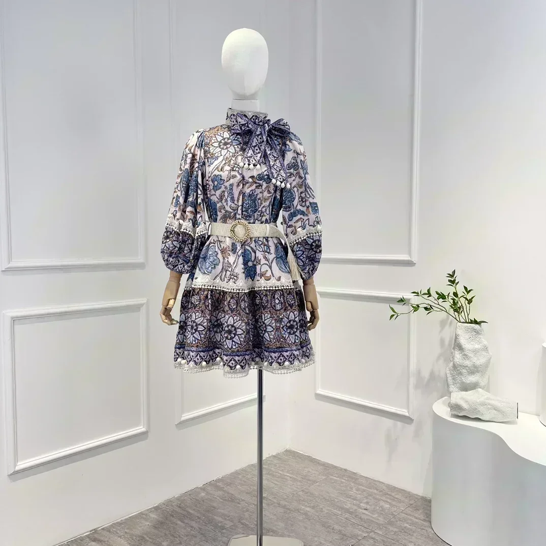 New Arrival 2023 Spring Summer Top Quality Vintage Floral Printing Belt Lantern Sleeve Self Bow Tie Neckline Woman Mini Dress