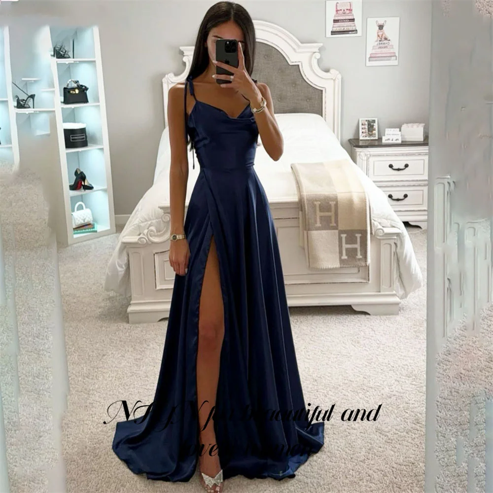 NFYN Navy Blue Stain Formal Dress A-Line Spaghetti Strap Party Dress Pleats Split Special Occasion Dress robe soirée Customized