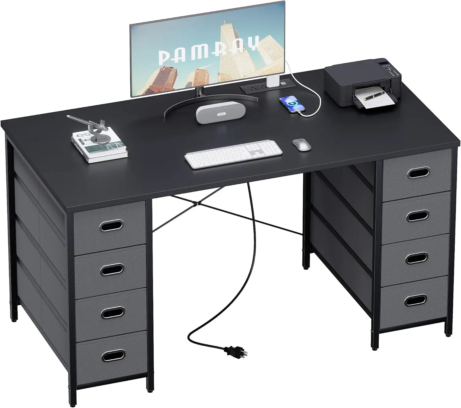 47 Inch Computer Desk with 8 Fabric Drawers, PC Gaming Desk Home Office Study Writing Table for Bedroom, Sturdy & Easy Assembly