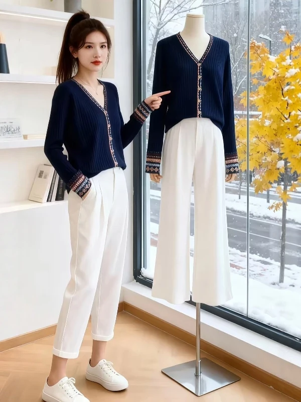 

Женский вязаный кардиган больших размеров с V-образным вырезом, синий, осенне-зимний, приталенный, с длинными рукавами, верхняя одежда в корейском стиле