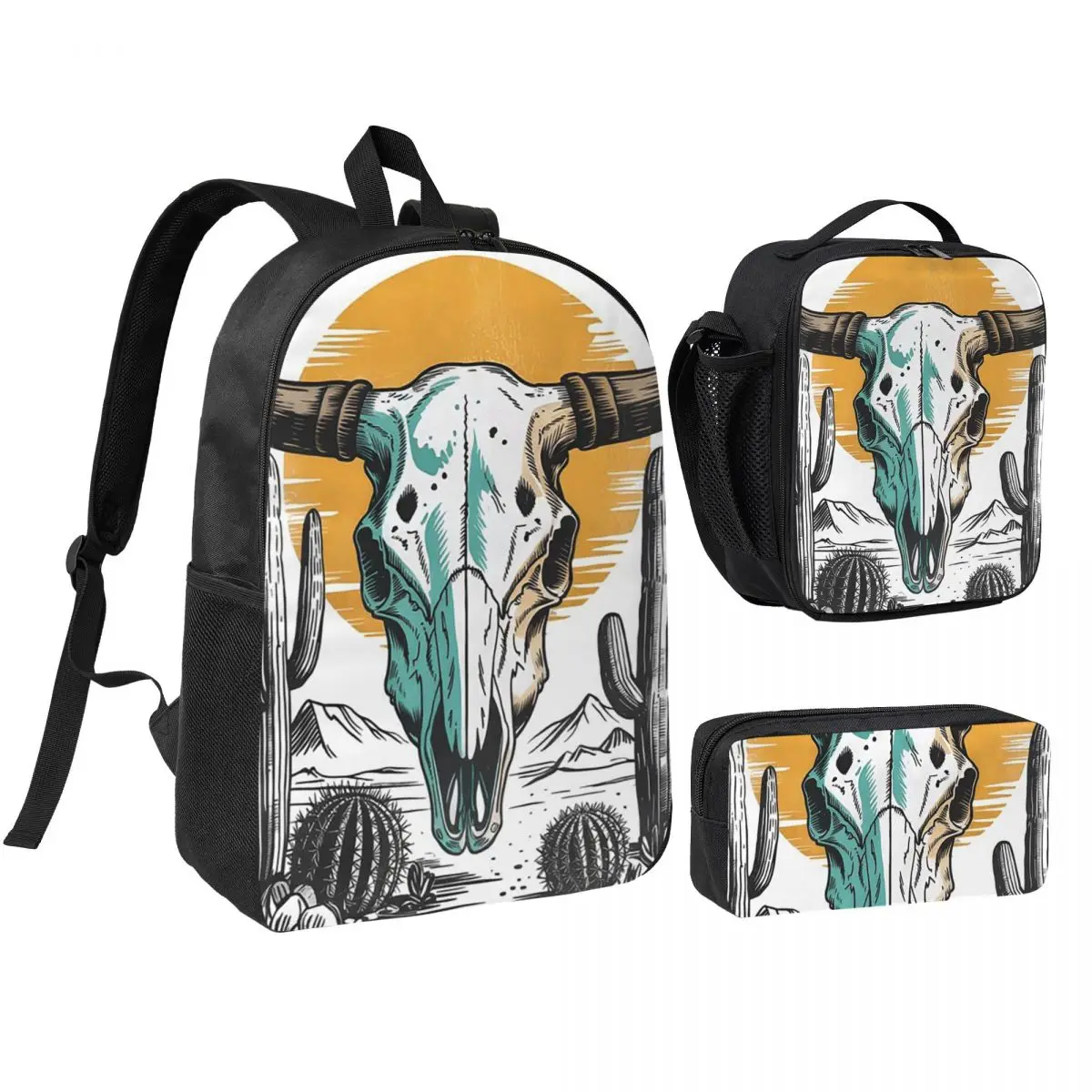Western Bull Skull Cactus Sun Tribal Backpack Boys Girls BookBag School Bag Shoulder Bags 3ps Insulated Lunch Bag Pencil Case