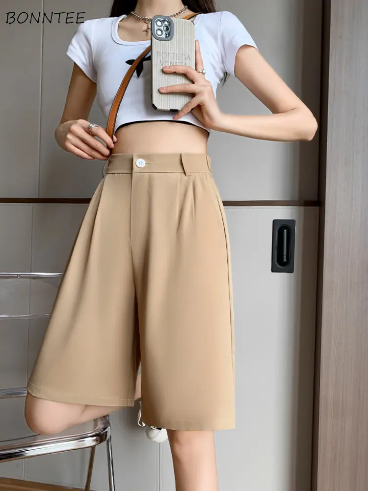 

Shorts Women Casual Thin Simple All-match Fashion Young Preppy Style High Waisted Baggy Pure Colors Wide Leg Minimalist Hot Sale