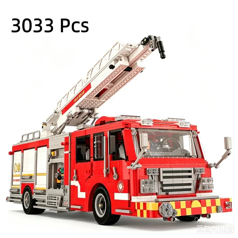 66148 American‑Style Aerial Ladder Fire Truck Building Blocks City Rescue Vehicle Model Movable Elevating Ladder Desktop Display