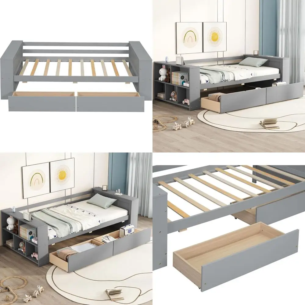 

Серая односпальная кровать с ящиками для хранения, кушетка с книжным шкафом, ламельное основание для детей и подростков