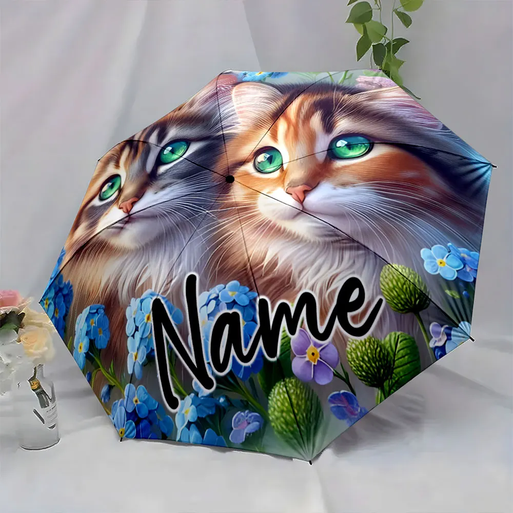 Custom Name Vivid Cat Umbrella Design with Flowers 8 Iron Ribs Folding Umbrella Auto-Open Fashionable Sunshade Deluxe Gift