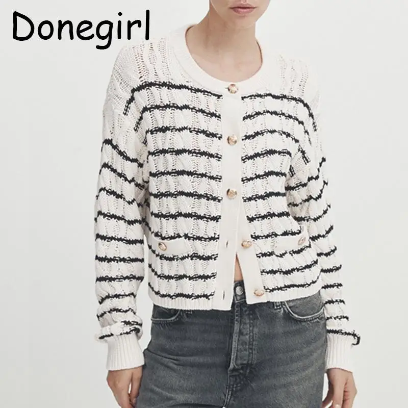 

Donegirl 2023 New Autumn Women Fashion Single Breasted Knitted Sweater Coat Simple Casual Versatile Striped Cardigans Tops Chic