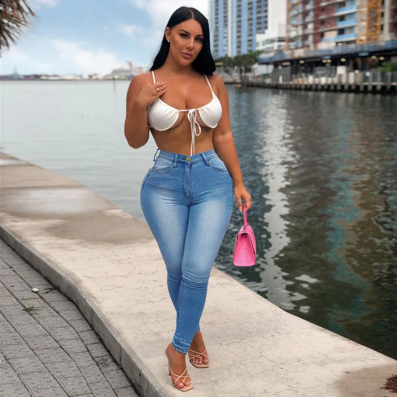 Pantaloni a matita in denim Jeans da donna Tasche a vita alta elasticizzati Pantaloni skinny alla caviglia lavati effetto consumato Streetwear 2025