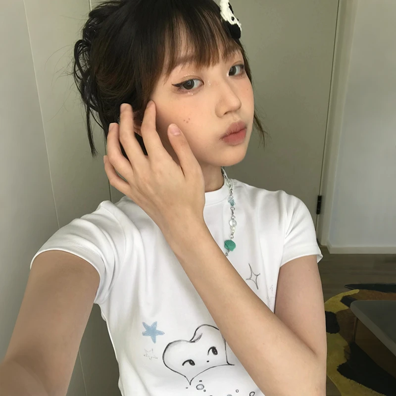 Karrram Japanese Y2k Teeth Print T-shirt Vintage Harajuku Short Sleeve Tee Shirt 2000s Style Cutecore White Tops American Retro