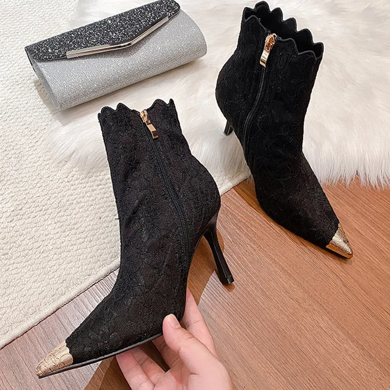 Eilyken Winter Design Breathable Mesh Women Ankle Boots Pointed Toe Thin Heels Sexy Prom Side Zipper Ladies Pumps Botines