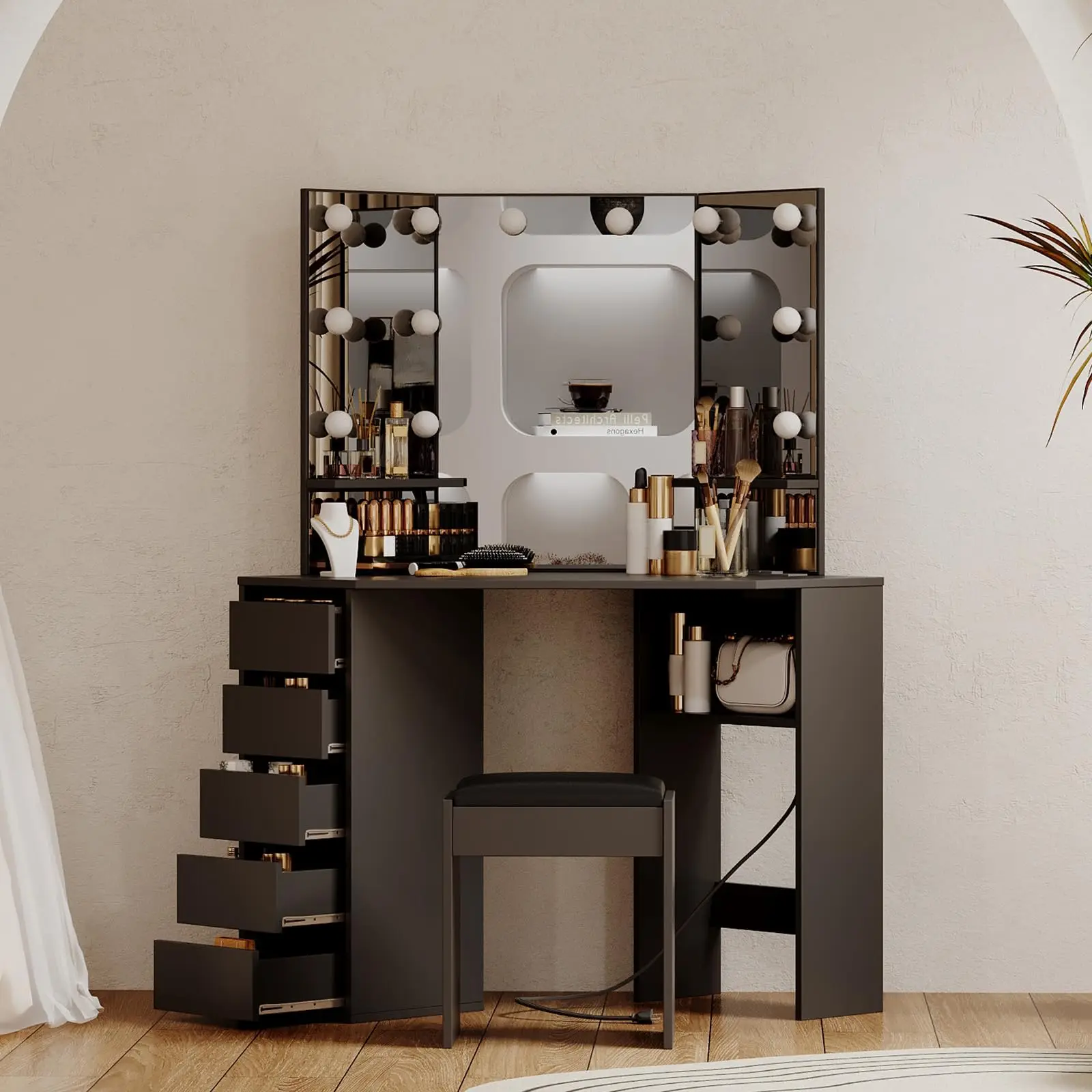 Corner LED Vanity Desk with Tri-Fold Lighted Mirror, 5 Drawers & USB Charging Station for Small Spaces