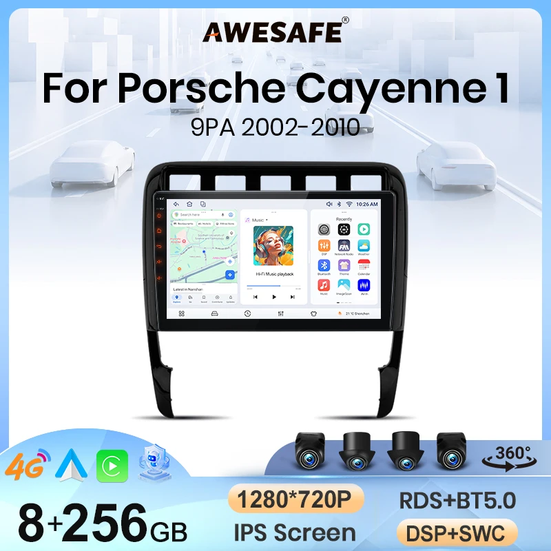 Autoradio sans fil AWESAFE CarPlay Android Auto pour Porsche Cayenne 2002 2003-2010 2 DIN Stéréo multimédia avec ventilateur de refroidissement intégré Systèmes intelligents Écran tactile Lecteur vidéo Unité principale Autoradio Navigation Bluetooth GPS SWC 4G WIFI RDS FM DSP