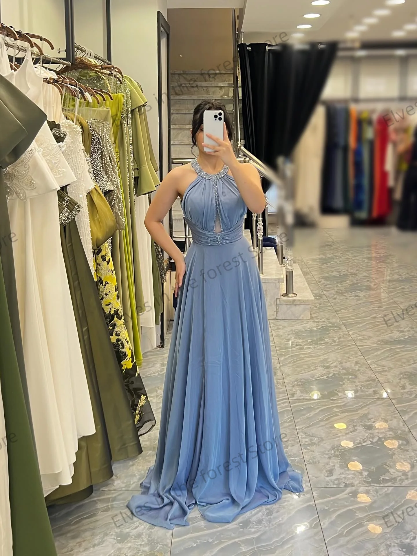 Uma linha o pescoço vestidos de baile mangas azuis frisado vestidos de noite para formal chiffon até o chão roupões de festa de casamento personalizados