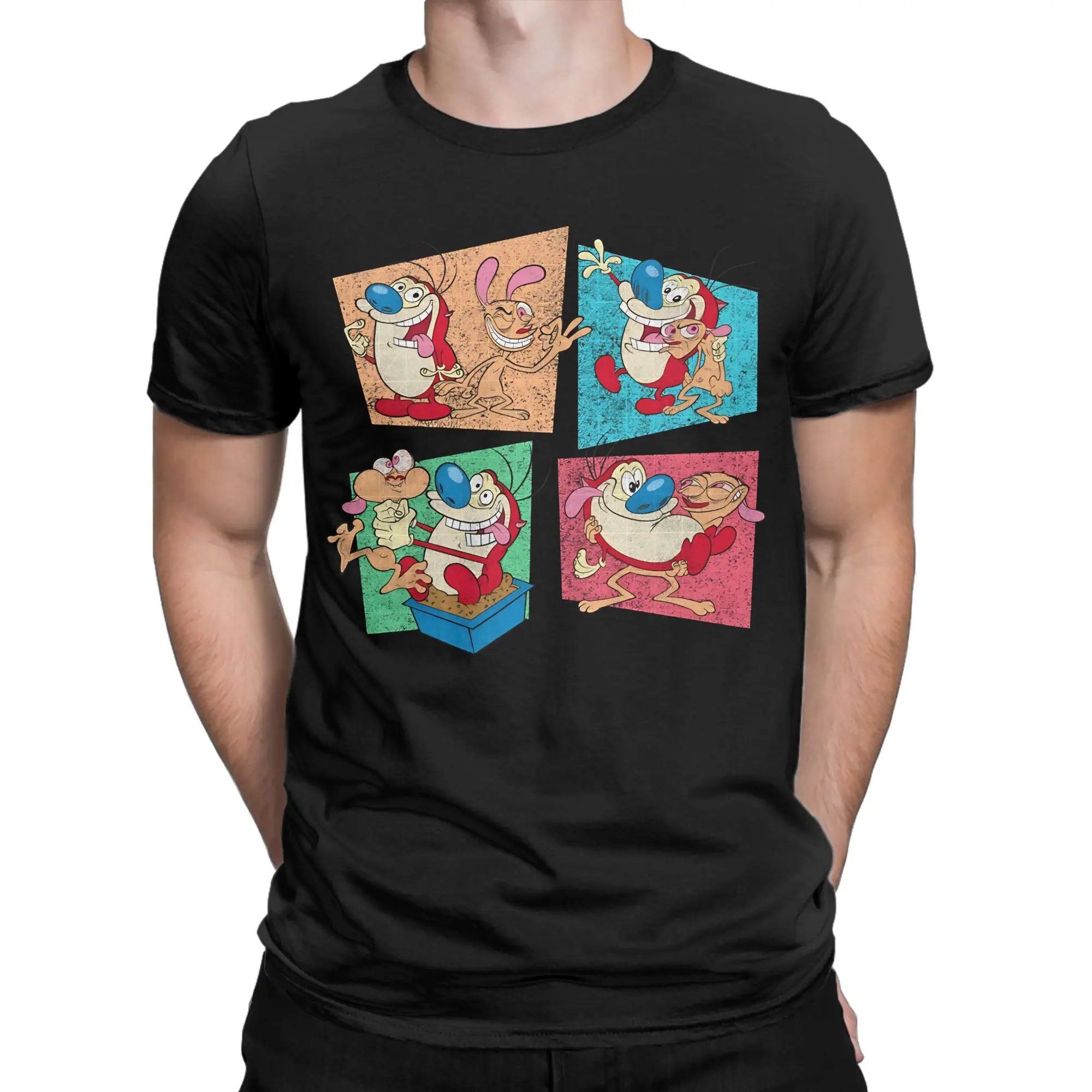 Retro Besties Color Pop Squares Graphic 100% Cotton T-Shirt R-Ren & Stimpy Tops Tees For Men