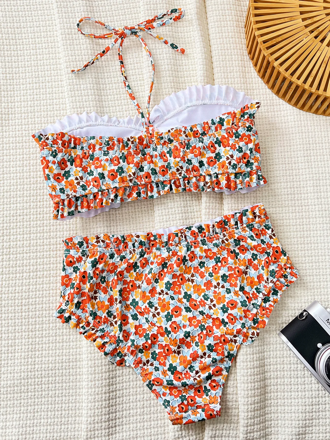 DEKA Ruffles Strapless Lace-Up Bikini Set Floral Pattern Swimsuit Women High Waist Bikini Summer 2025 New Swim Bathing Suit