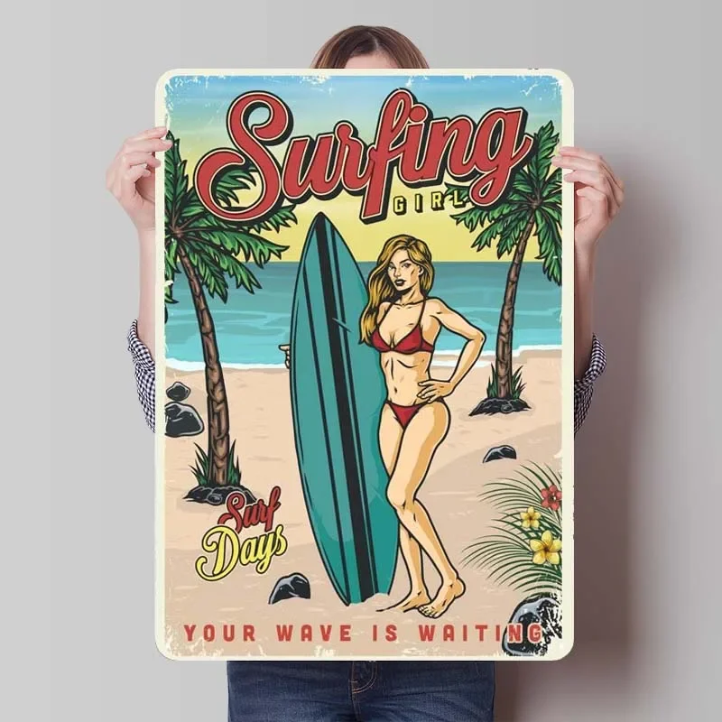 Surfing Girl Surfer Rust Sign Room Decoration Vintage Poster Retro Metal Tin Sign Plaque for Man Cave Wall Decoration Home Decor