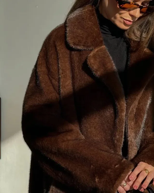 Faux Nerz Pelz Mäntel Frauen Solide Lange Pelz Jacken Tasche Revers Kragen Lange Ärmel Offenen Stich Lose Beiläufige 2025, Herbst winter
