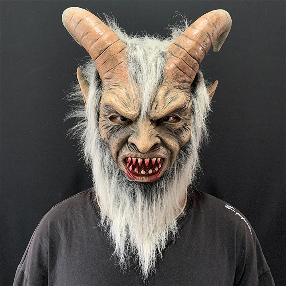 Men's Krampus Demon Mask Movie Cosplay Sheep's Horn Devil Head Cover Halloween Party Horror Dress Up Lucifer Demon Latex Masks