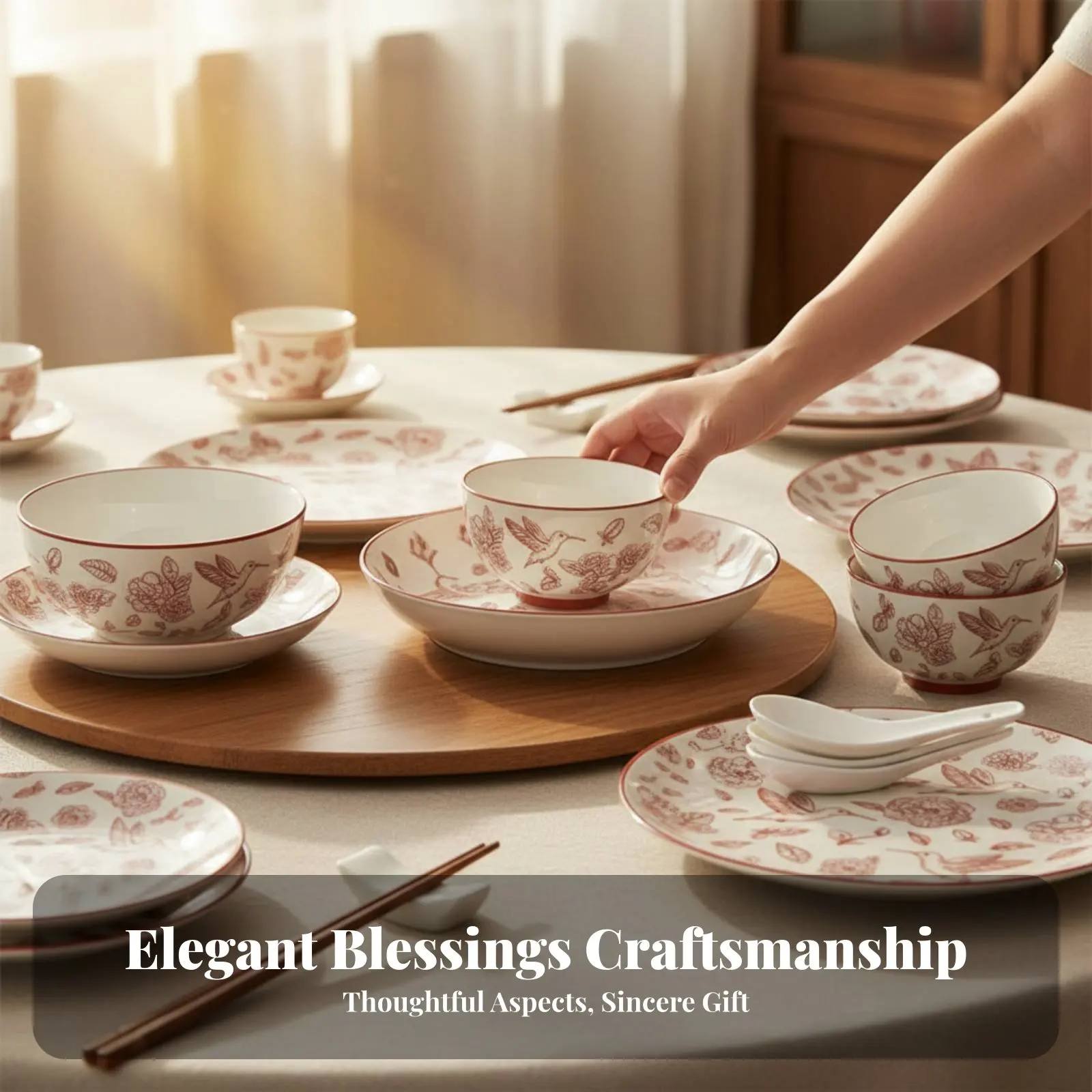 

Набор керамической посуды: китайские тарелки и миски с цветочным узором, столовые приборы, декор под глазурью, праздничная подарочная коробка, подарки сотрудникам