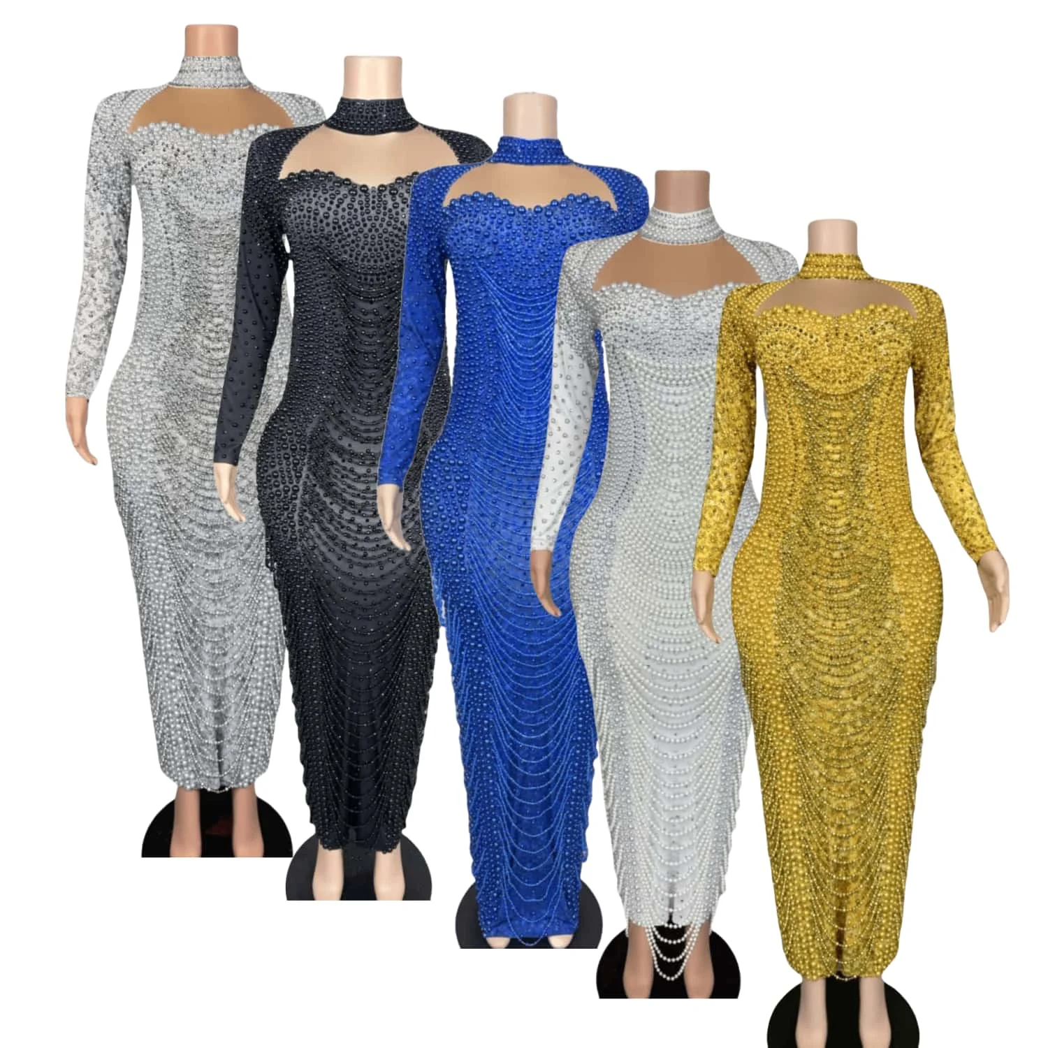 Elegancka, seksowna, błyszcząca sukienka długa z perłami i cyrkoniami Jincancan, damska, na przyjęcie urodzinowe, wieczór, studniówkę, wesele, luksusowe sesje zdjęciowe.