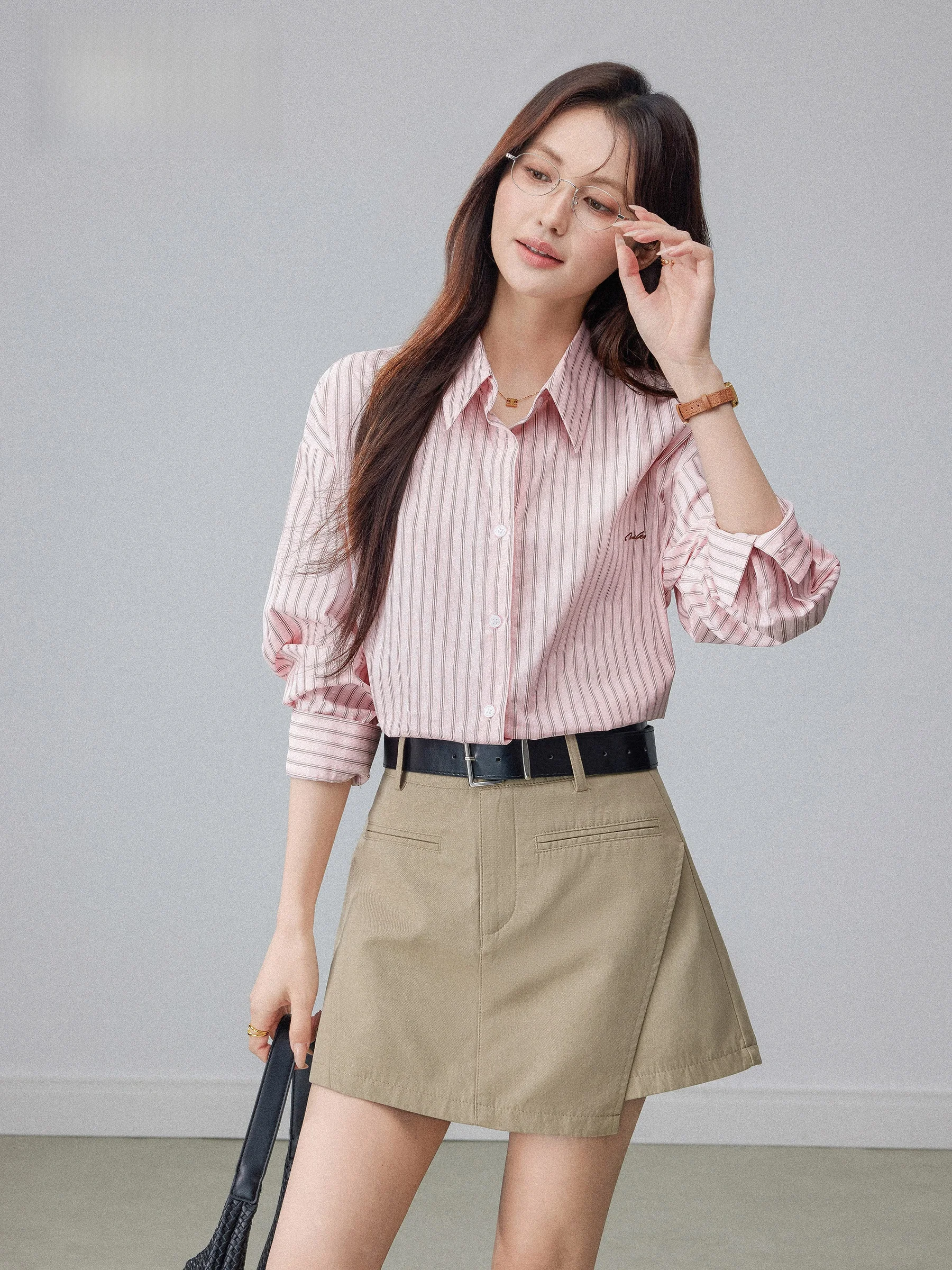 

Pink Striped Long Sleeve Loose Women's Shirt Casual Style Spring Summer New Design Korean System Commute Chapter Bean Bean