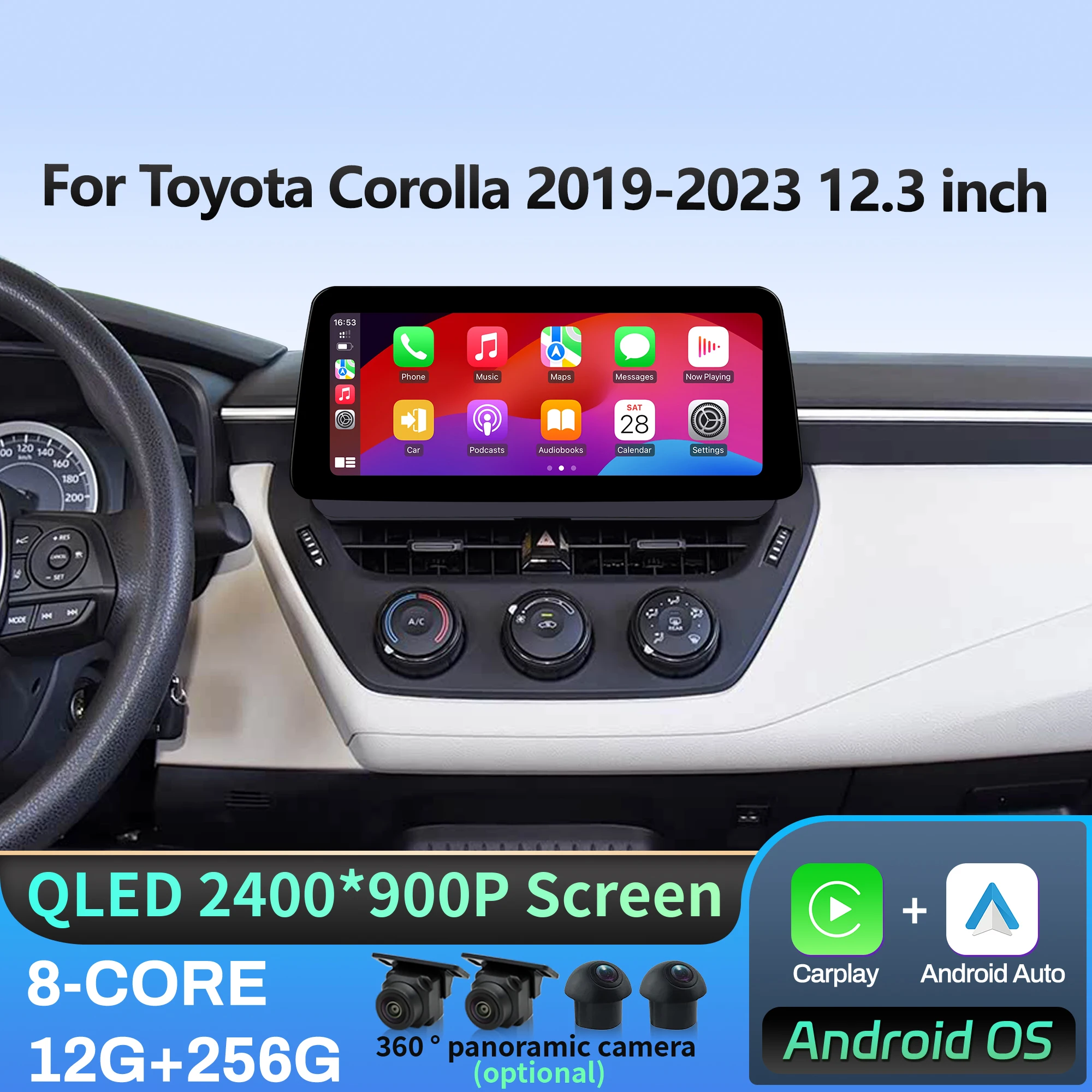 

12,3-дюймовый для Toyota Corolla 2019 2020 2021-2023 4G GPS автомобильный радиоприемник Android 14 беспроводной Bluetooth Carplay сенсорный экран головного устройства