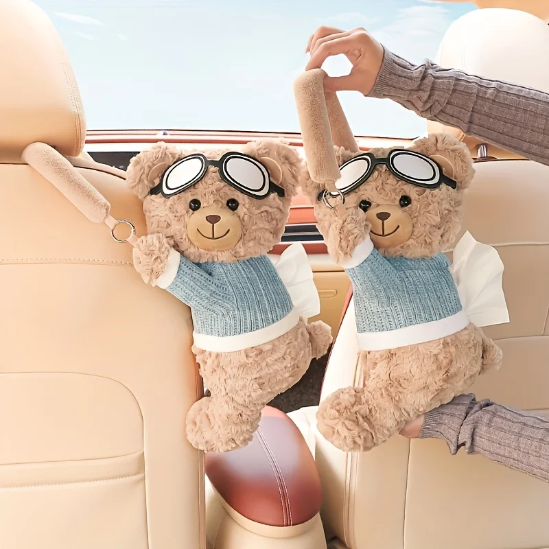 

New car tissue box hanging car interior cardboard box cute bear doll paper towel hanging bag on car