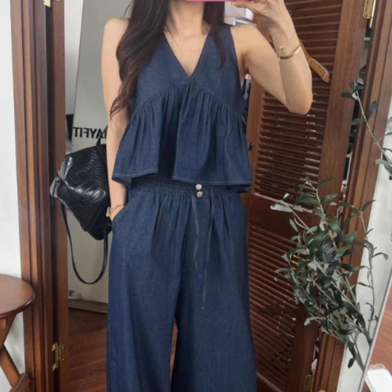 

Summer 2026 Korean Style Chic Denim V-Neck Vest Top High Waist Straight Leg Pants Two-Piece Set Women's Casual Sportswear