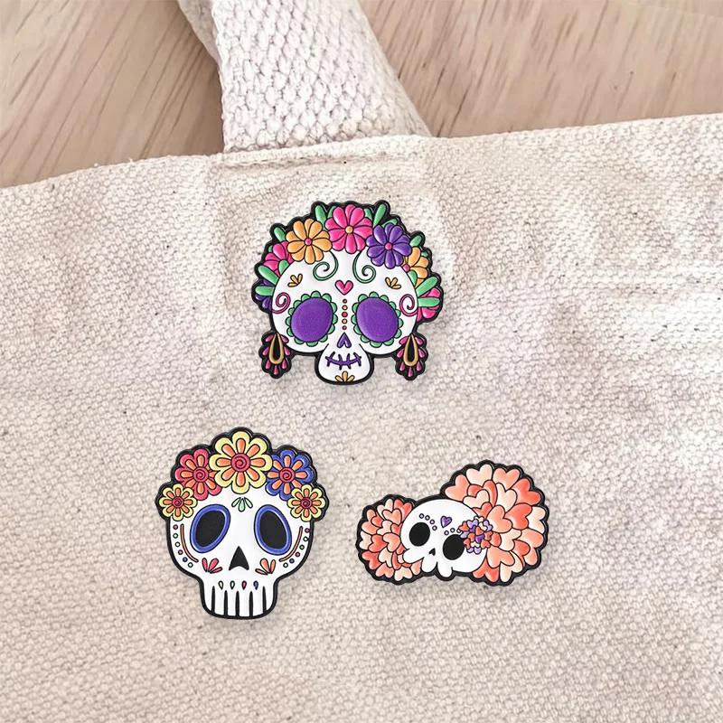 Day of the Dead Sugar Skull Enamel Pins Colorful Flower Crown Brooch Lapel Badge Jewelry Gift for Halloween Festival Lover