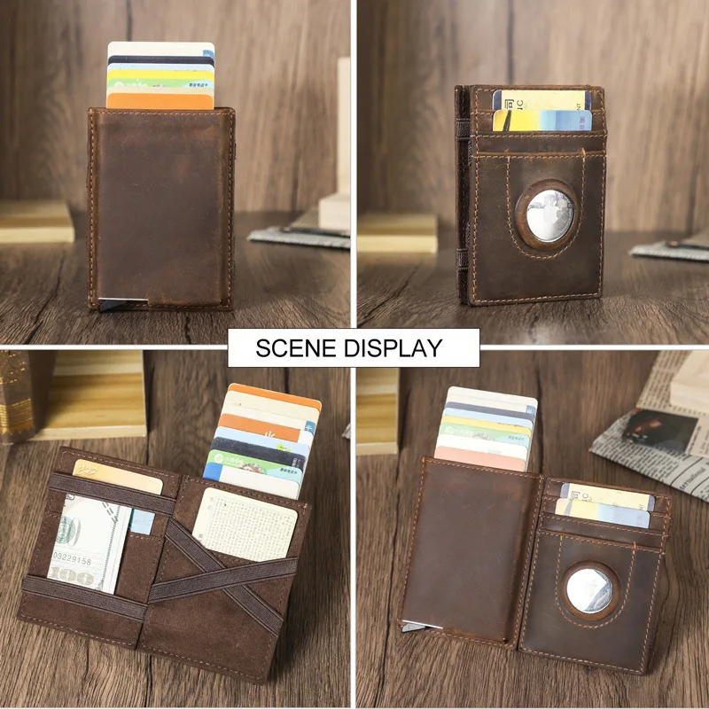 New Fashion Anti Theft Bank Brushing Automatic Box Airtag Tracker Position Leather Magic Small Card Bag Male Wallet Leather Bags