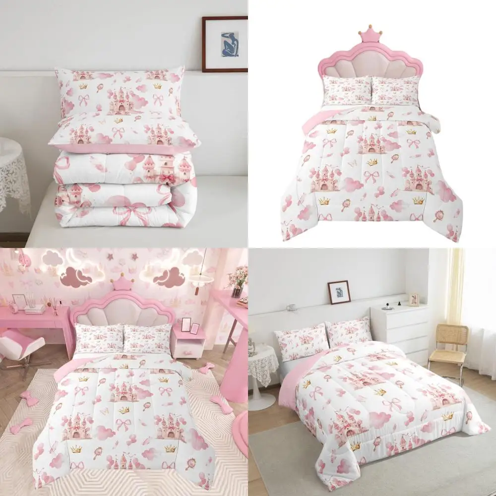

Full Size Pink Castle Duvet Cover Set with Bowknot for Kids, Dreamy Fairytale Bedding for Boys and Girls, 3-Piece Bedroom Decor