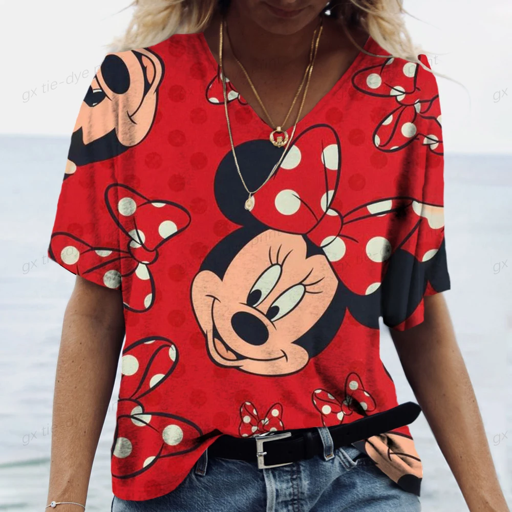 T-shirt da donna di moda Topolino Stampa Ragazze Estate Harajuku Abbigliamento casual allentato T-shirt a maniche corte con scollo a V Kawaii