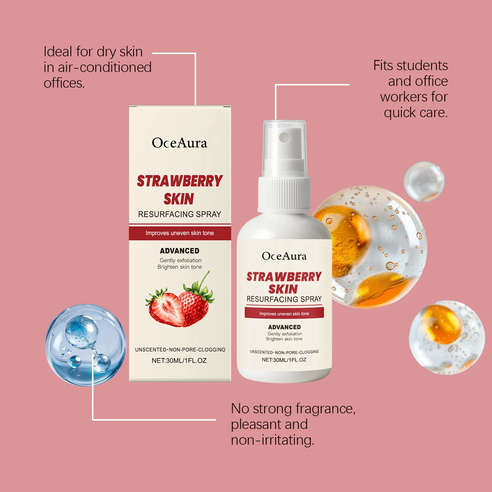 OCEAURA Spray idratante per il viso alla fragola Allevia la secchezza Idrata Illumina Migliora l'elasticità Sbiancamento Rinfrescare il viso Spray lenitivo
