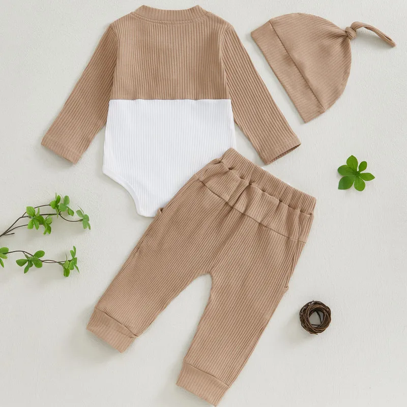 Conjunto de calças para bebê menino de 0 a 18 meses, roupas de primavera e outono, manga comprida, cor contrastante, body + calças + chapéu, conjunto infantil