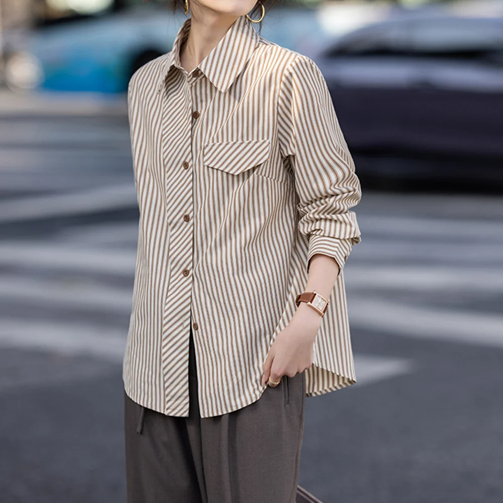 

Women's Khaki Stripe Casual Shirt Collared Long Sleeve Harajuku High Street Retro Spring Autumn Top Fashion Retro Striped Shirt