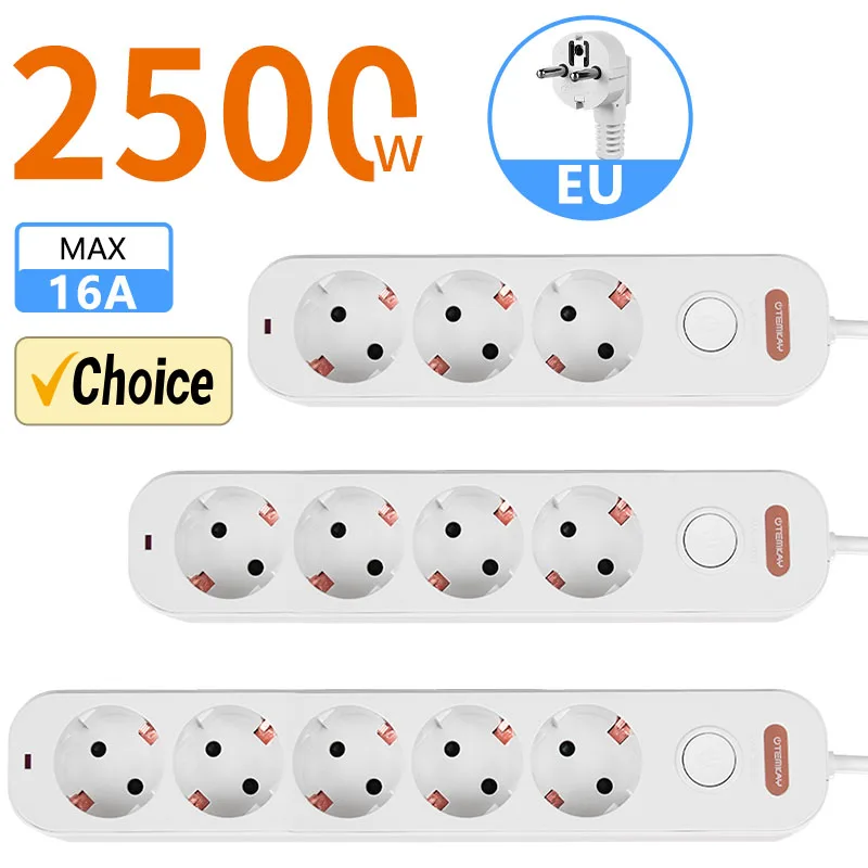 Power Strip  EU Plug 3/4/5 Way Outlets Electrical Extension  2m Cord 16A Sockets Independent Control Switches for Home Office