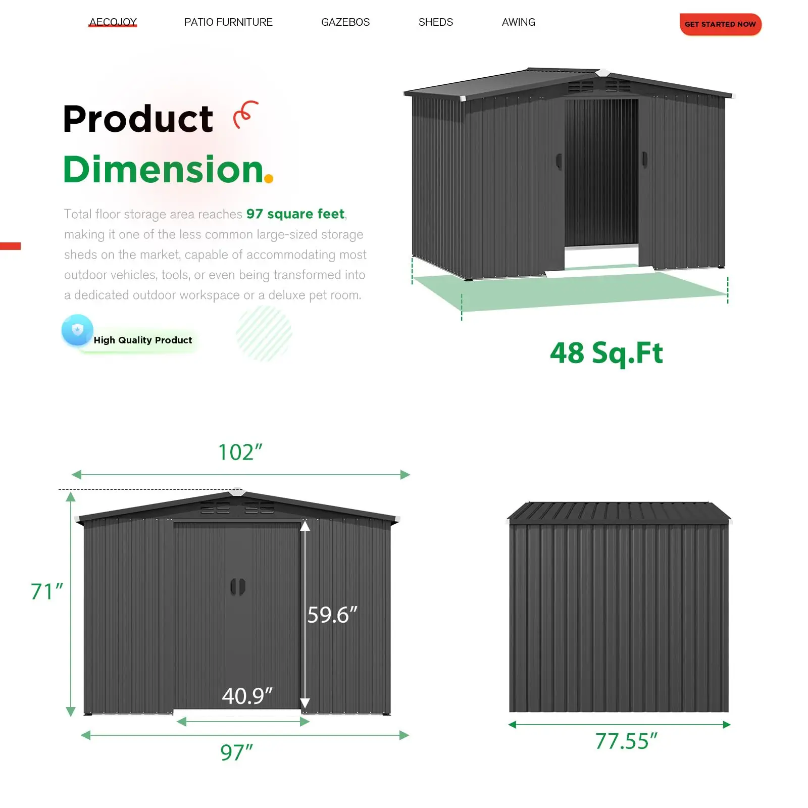 8x6 FT Galvanized Steel Outdoor Storage Shed, Small Metal Garden Tool Shed with Sloped Roof & Lockable Double Sliding view 4