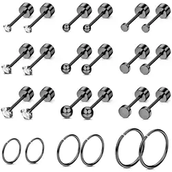 1/12 Pairs Black Stainless Steel Tiny CZ Ball Flat Back Stud Earring Multiple Piercing Cartilage Hoop Earrings for Women Men