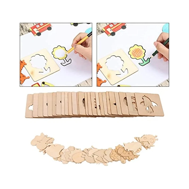 20Pcs Kids Wooden Painting Template Tool Set DIY Decoration Reusable Puzzles Template Painting Graffiti Puzzle Toys for Kids