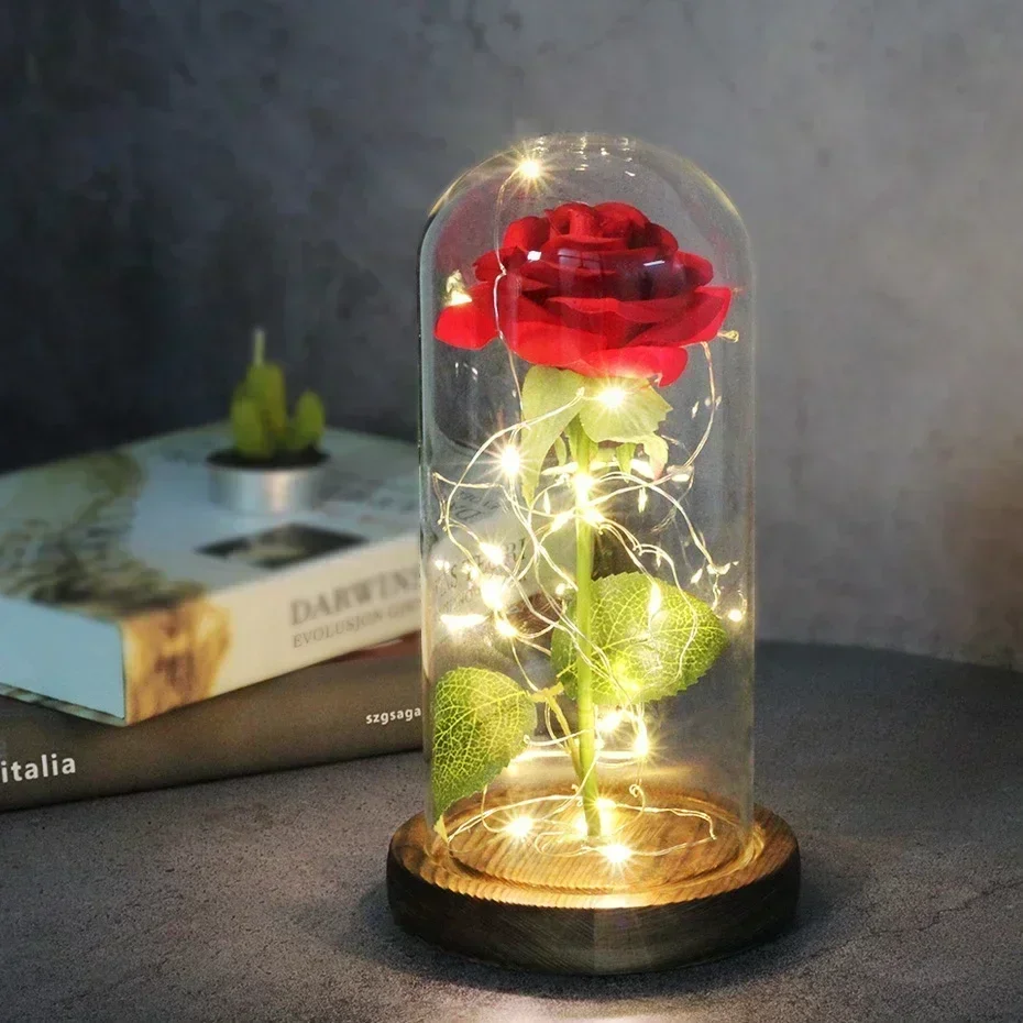 Artificial Flowers Beauty and the Beast Eternal Rose in Glass Cover Valentine\'s Day Wedding Birthday Decor for Gift